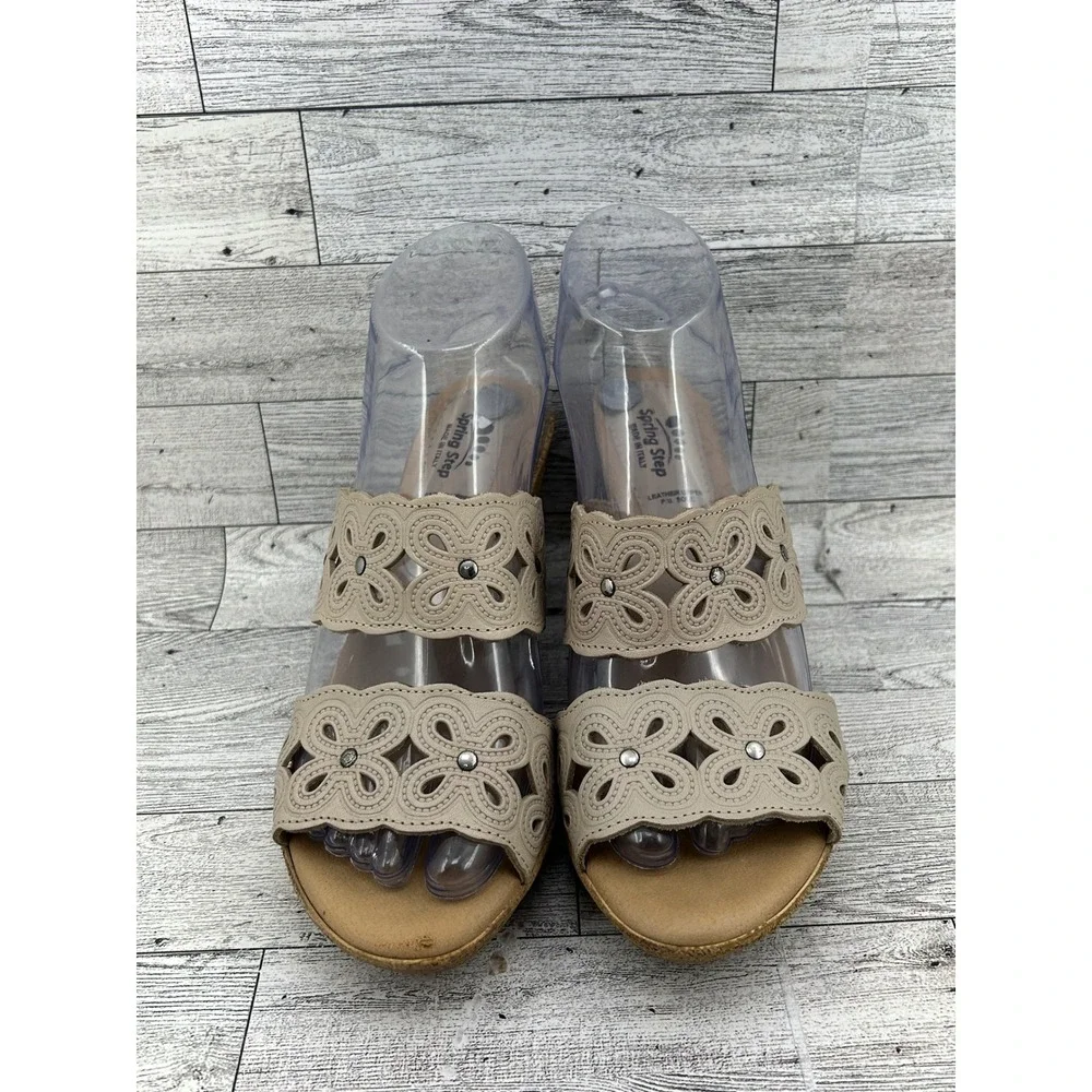Spring Step Women Beige Leather Laser Cut Floral Wedge Slide Sandals Italy Sz 38